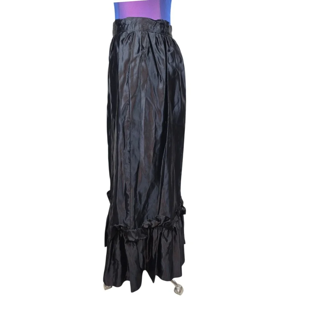 Vintage Black Satin Maxi Skirt Ruffle Hem High Waisted Formal Goth Evening